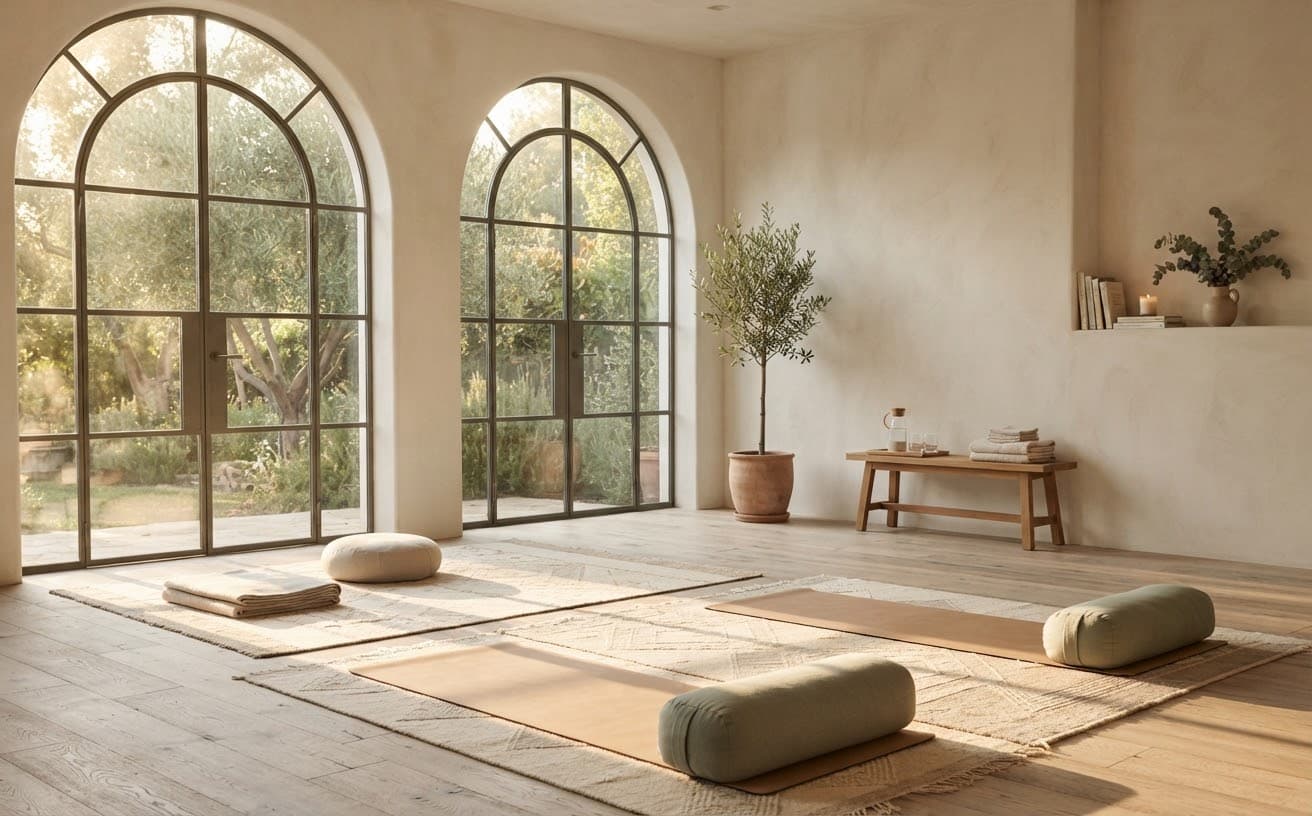 Sunlit practice hall with arched windows, oak floors and linen bolsters