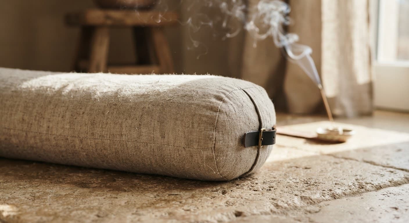 Undyed linen bolster on warm sandstone tile