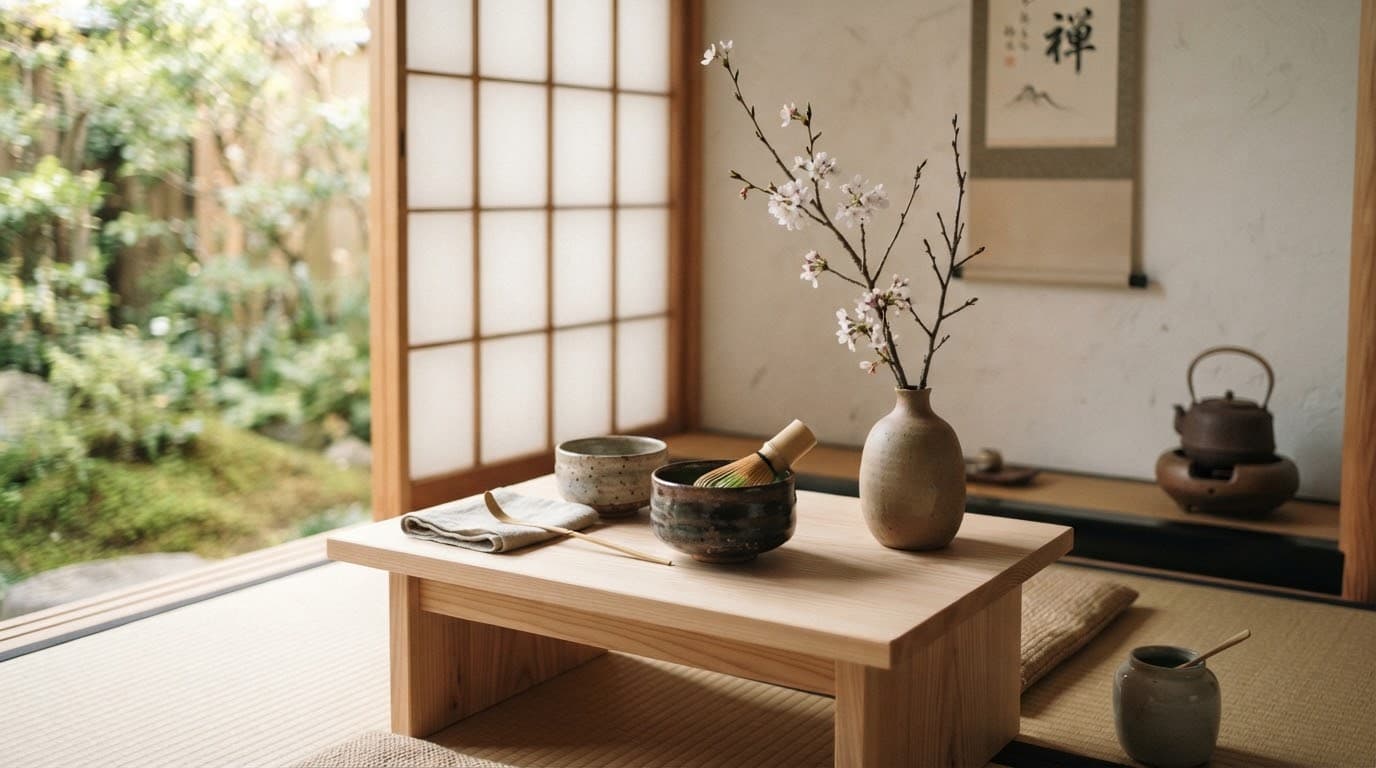 Ceramic tea bowls on a low wooden table beside a single branch