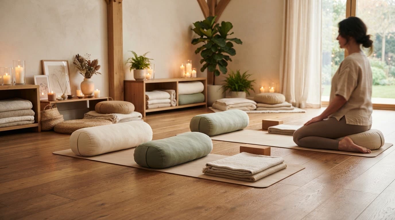 Restorative setup with cotton bolsters, folded linen blankets and warm candlelight