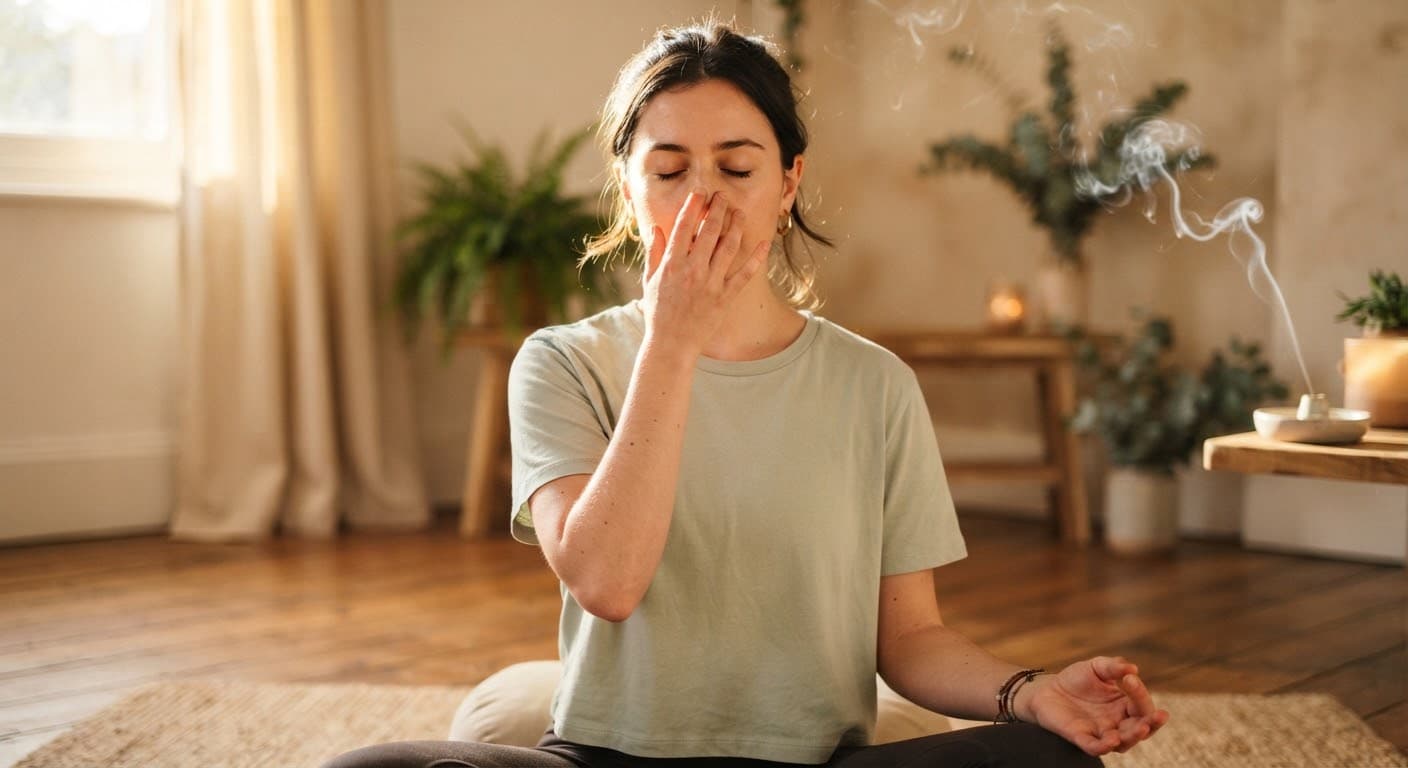 Woman practicing seated alternate-nostril breathing in warm window light