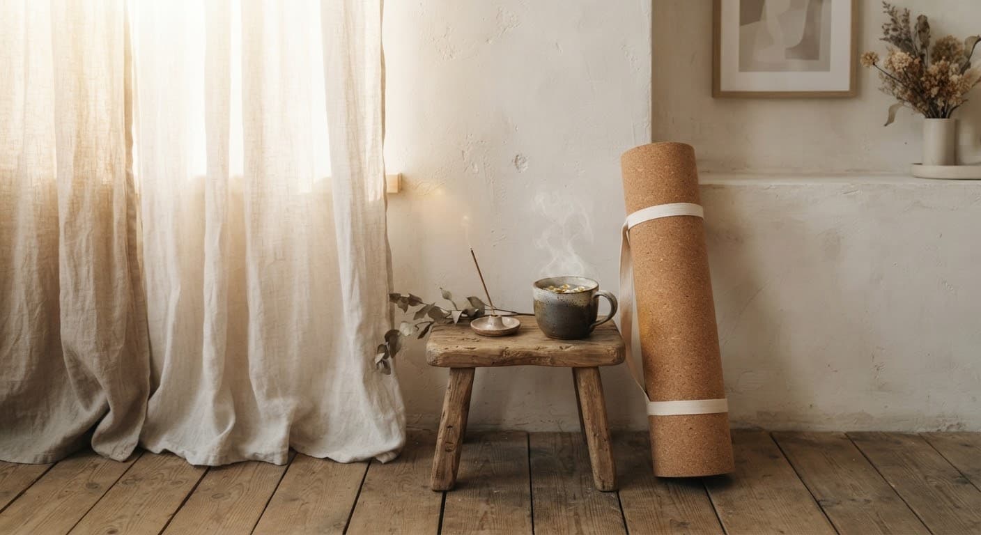 Herbal tea beside a rolled cork mat in morning sun