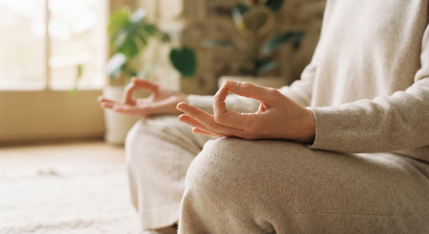 Hands resting in chin mudra on a woven wrap