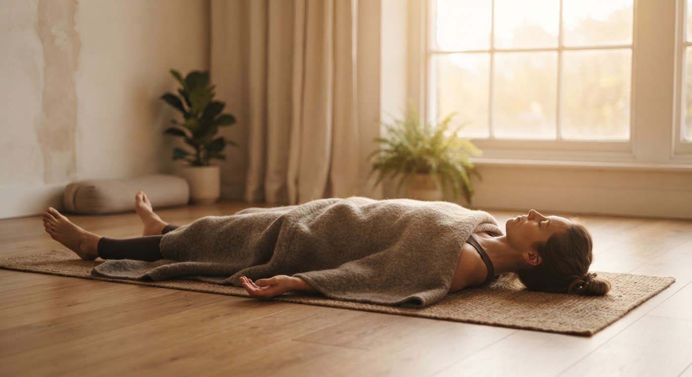 A figure resting in savasana under a wool blanket