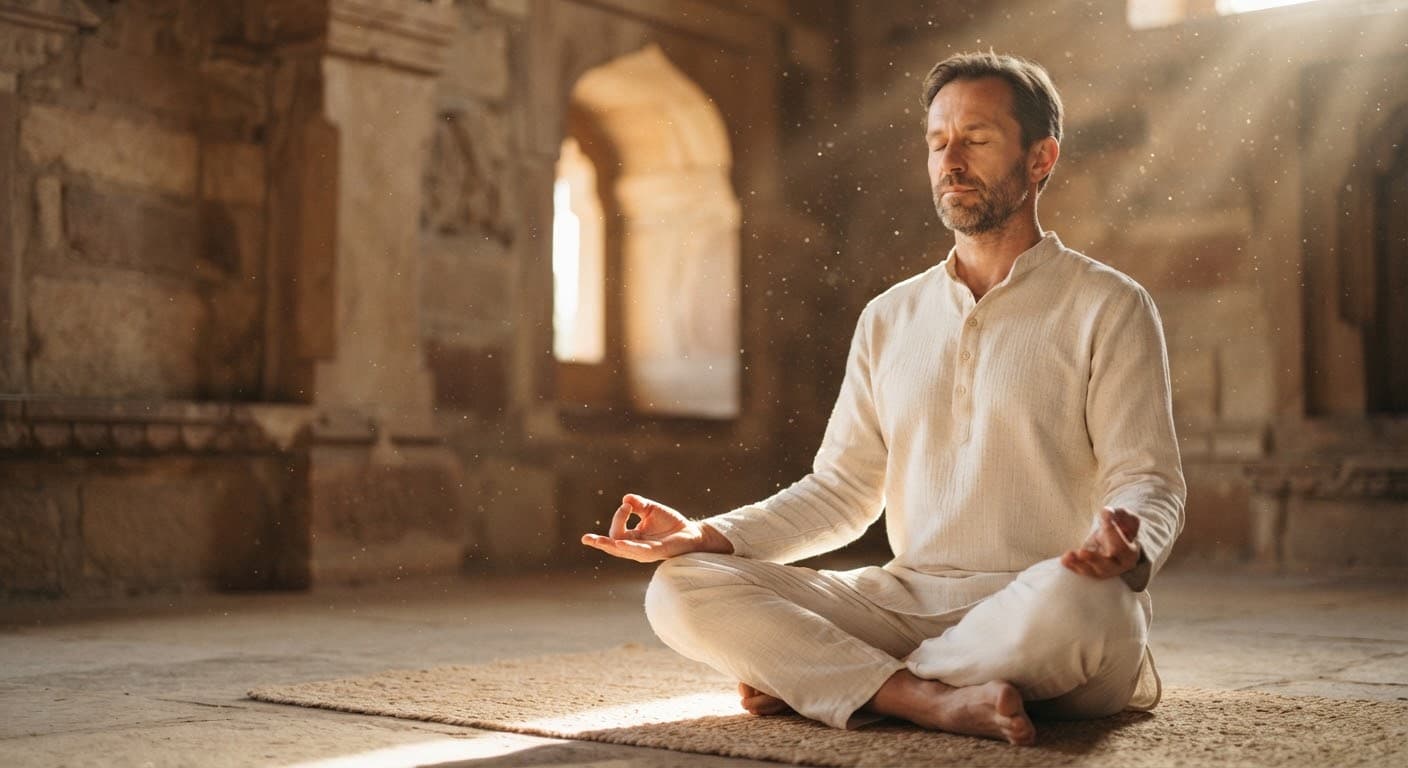 Yogi in seated lotus meditation with hands in jnana mudra, golden window light