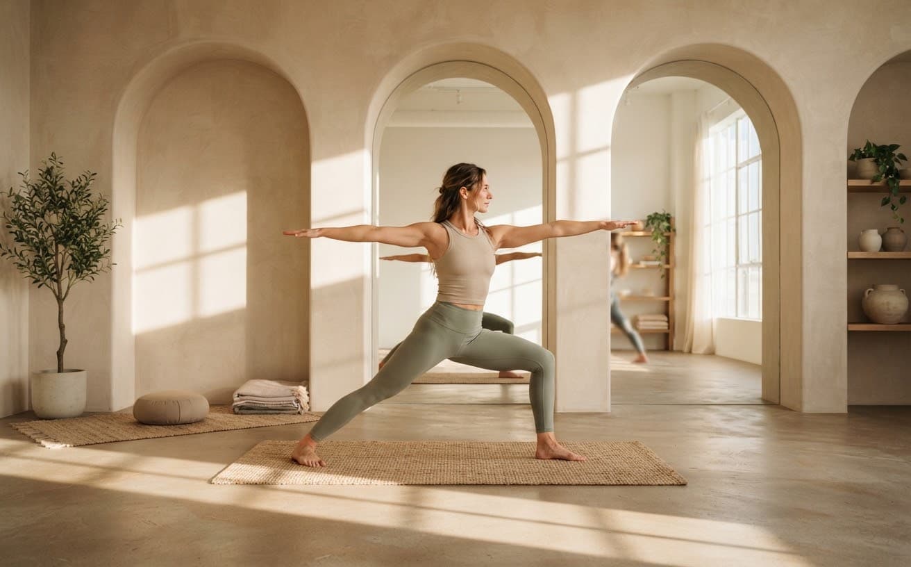 Sequence of yoga postures in warm studio light with soft architectural shadows