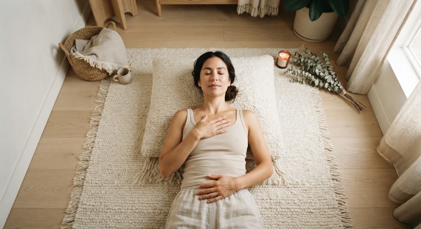 Woman resting on a wool mat with hands on heart and belly, breathing deeply