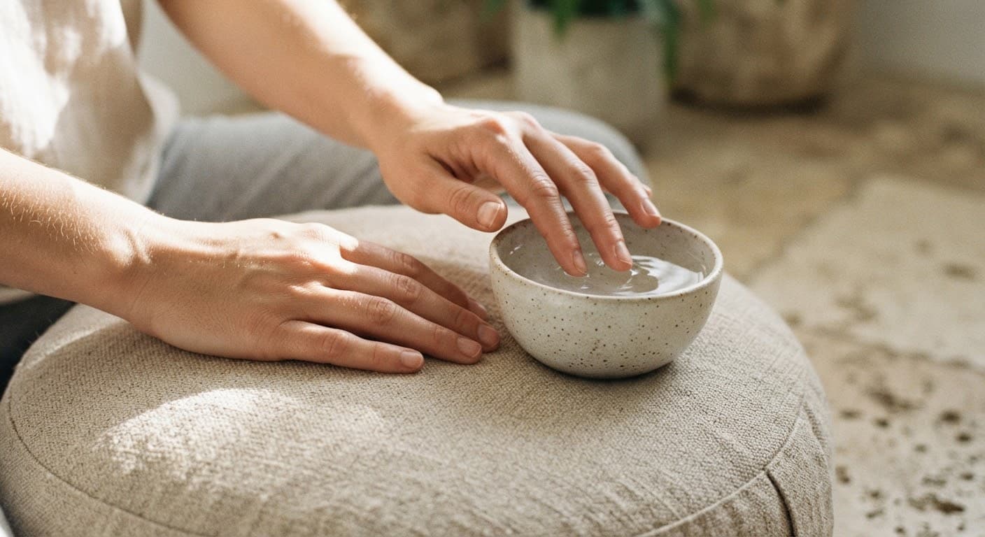 Hands resting on a woven meditation cushion